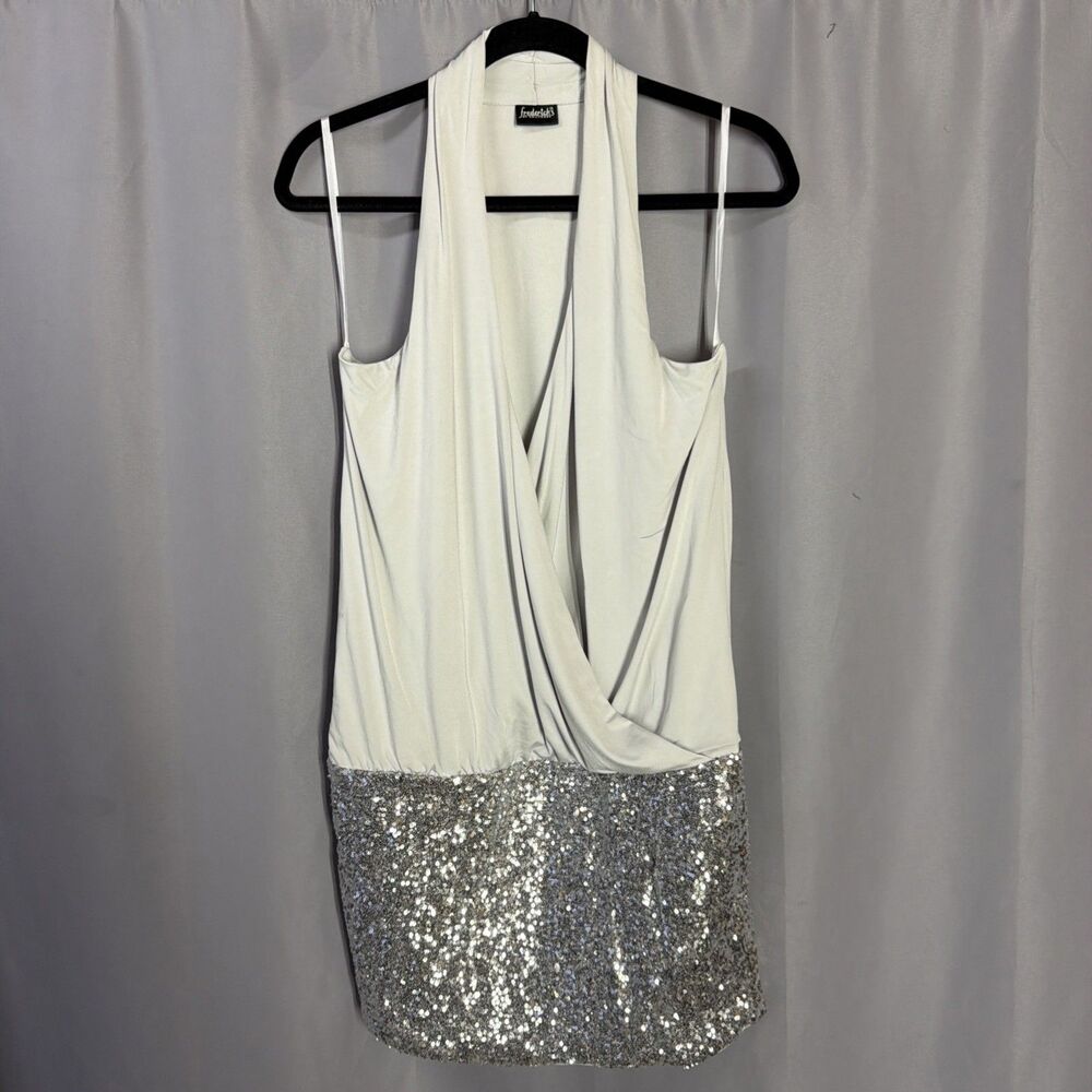 Frederick's  Halter Deep V-Neck Silver Sequin Hem Mini Dress Women's Size XL Vtg